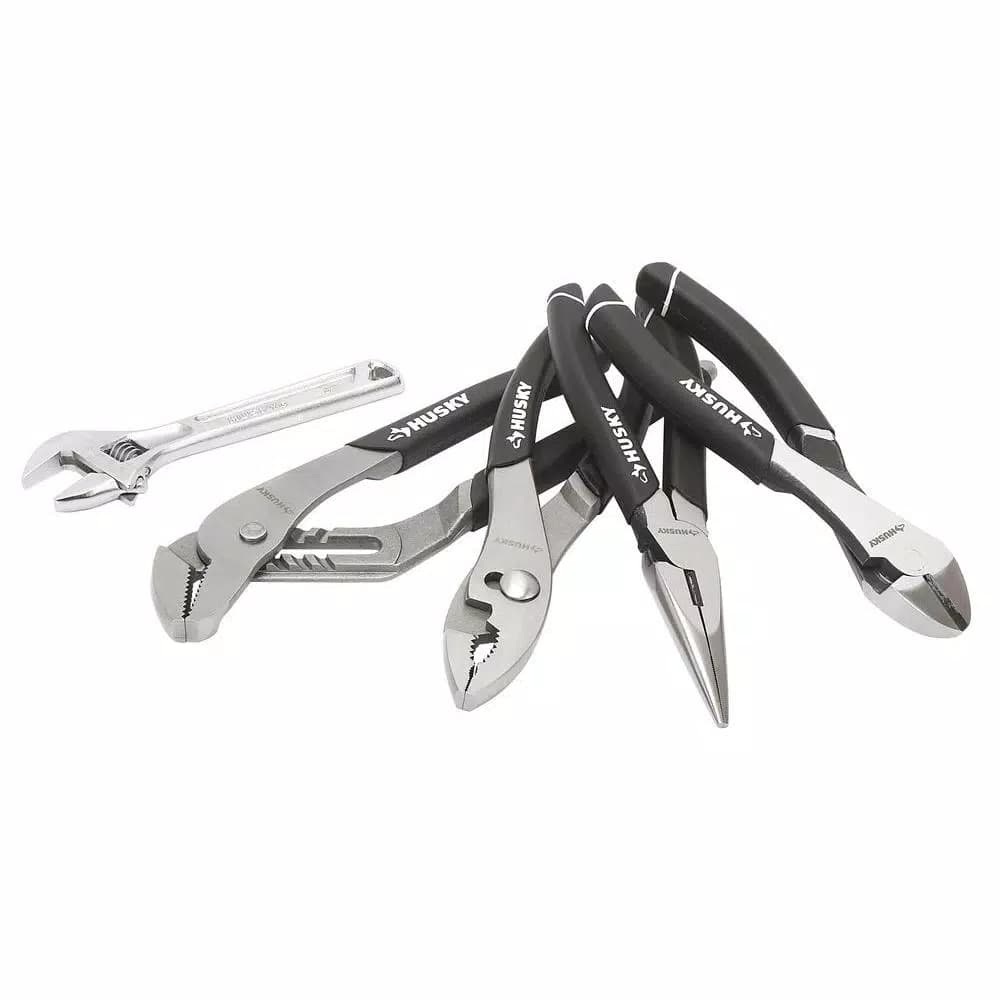 Husky 5-Piece Pliers and Wrench Set, Includes Diagonal, Long Nose, Slip Joint, Groove Joint, and Adjustable Wrench