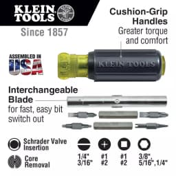 Klein Tools 11-in-1 Multi-Bit Screwdriver and Nut Driver with Schrader Valve Core Tool, Cushion Grip thumbnail 2