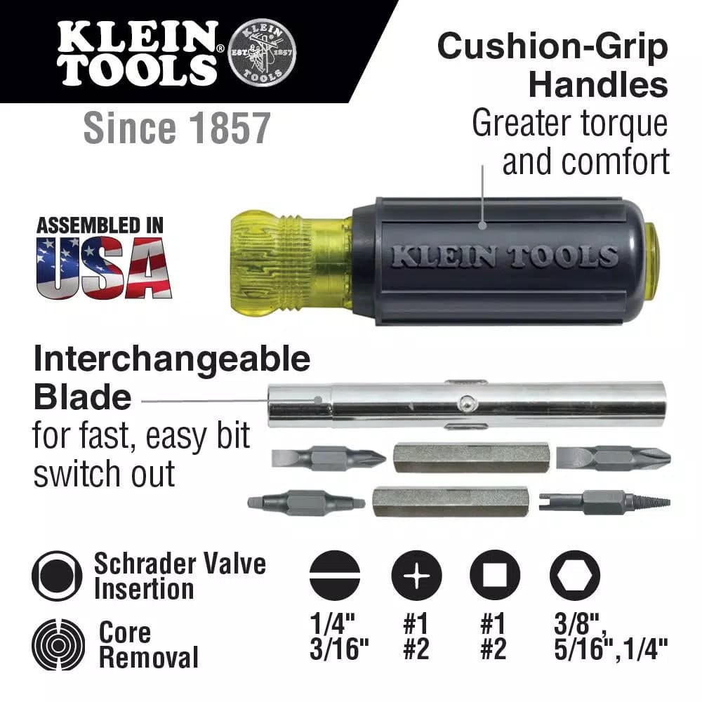 Klein Tools 11-in-1 Multi-Bit Screwdriver and Nut Driver with Schrader Valve Core Tool, Cushion Grip
