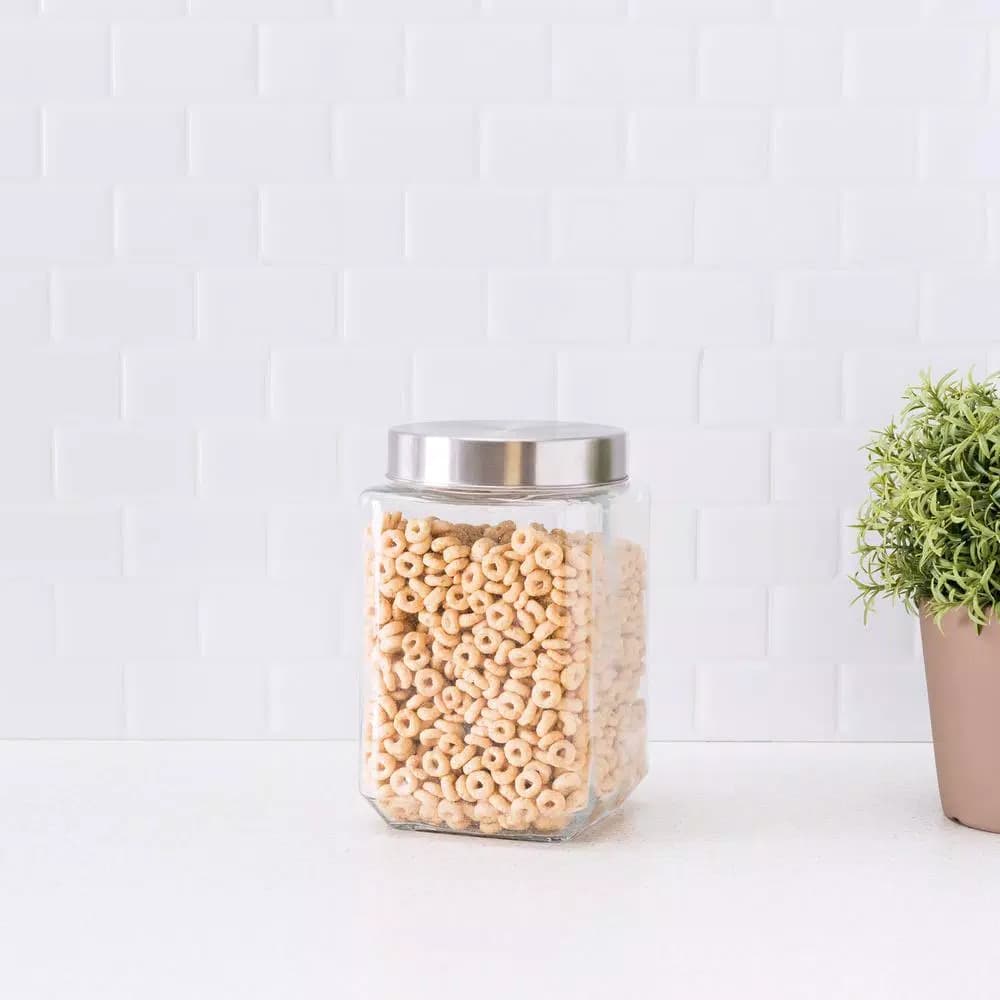 Unbranded 56 oz. Square Glass Storage Jar with Brushed Stainless Steel Twist-On Lid
