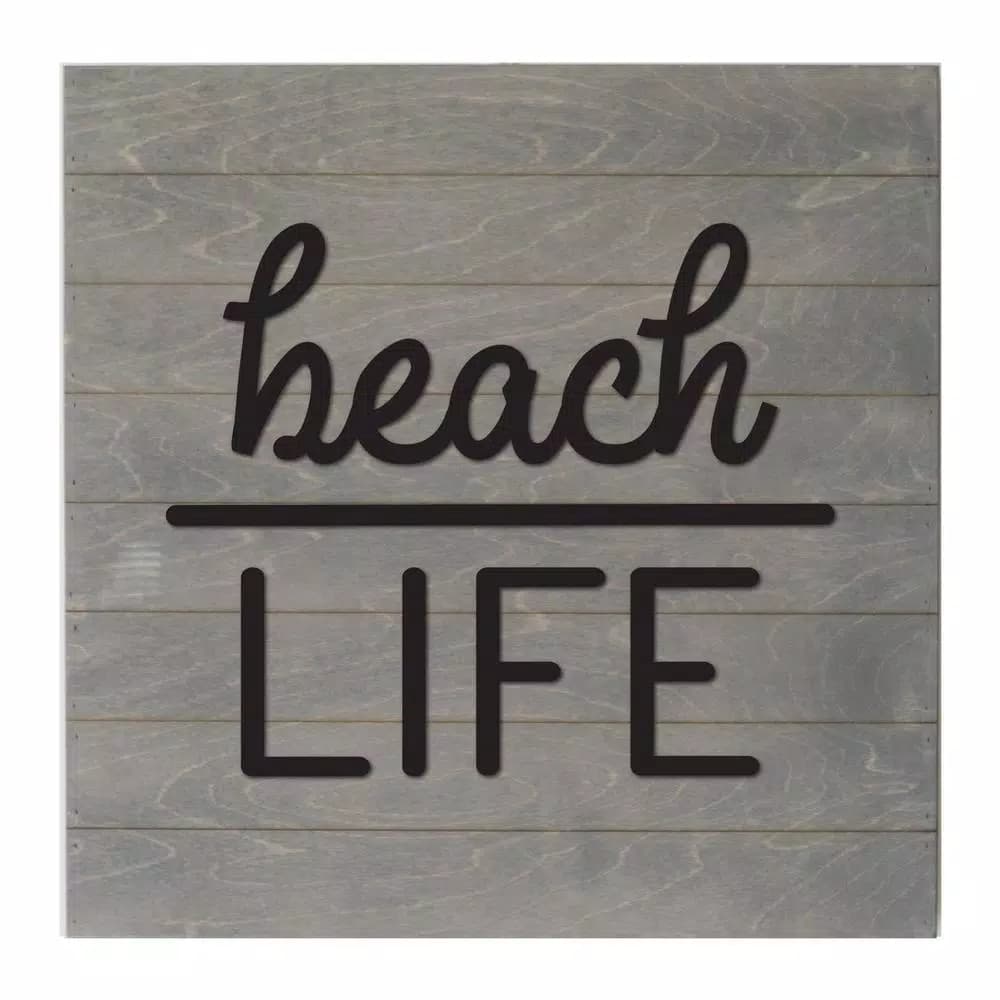Petal Lane Home Beach Life Slat Board, Gray Wood Memo Board with White Lettering