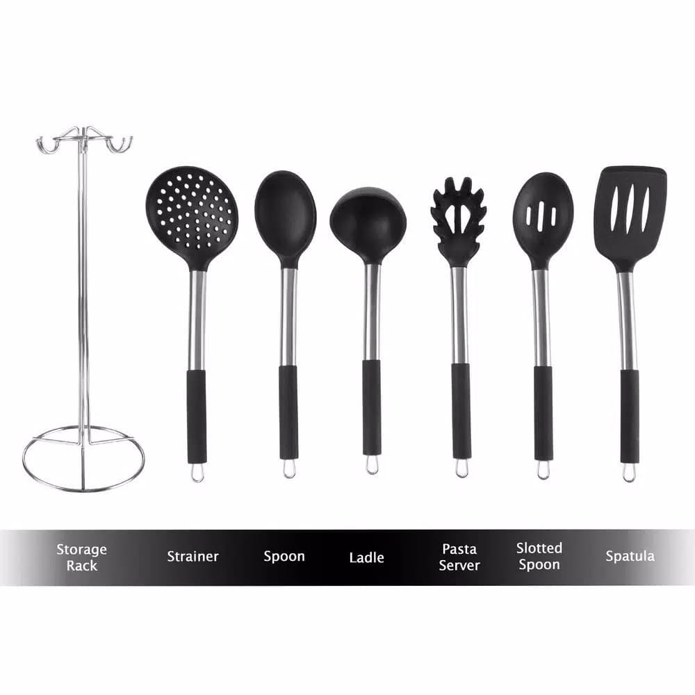 Classic Cuisine 7-Piece Stainless Steel and Silicone Kitchen Utensil Set with Holder