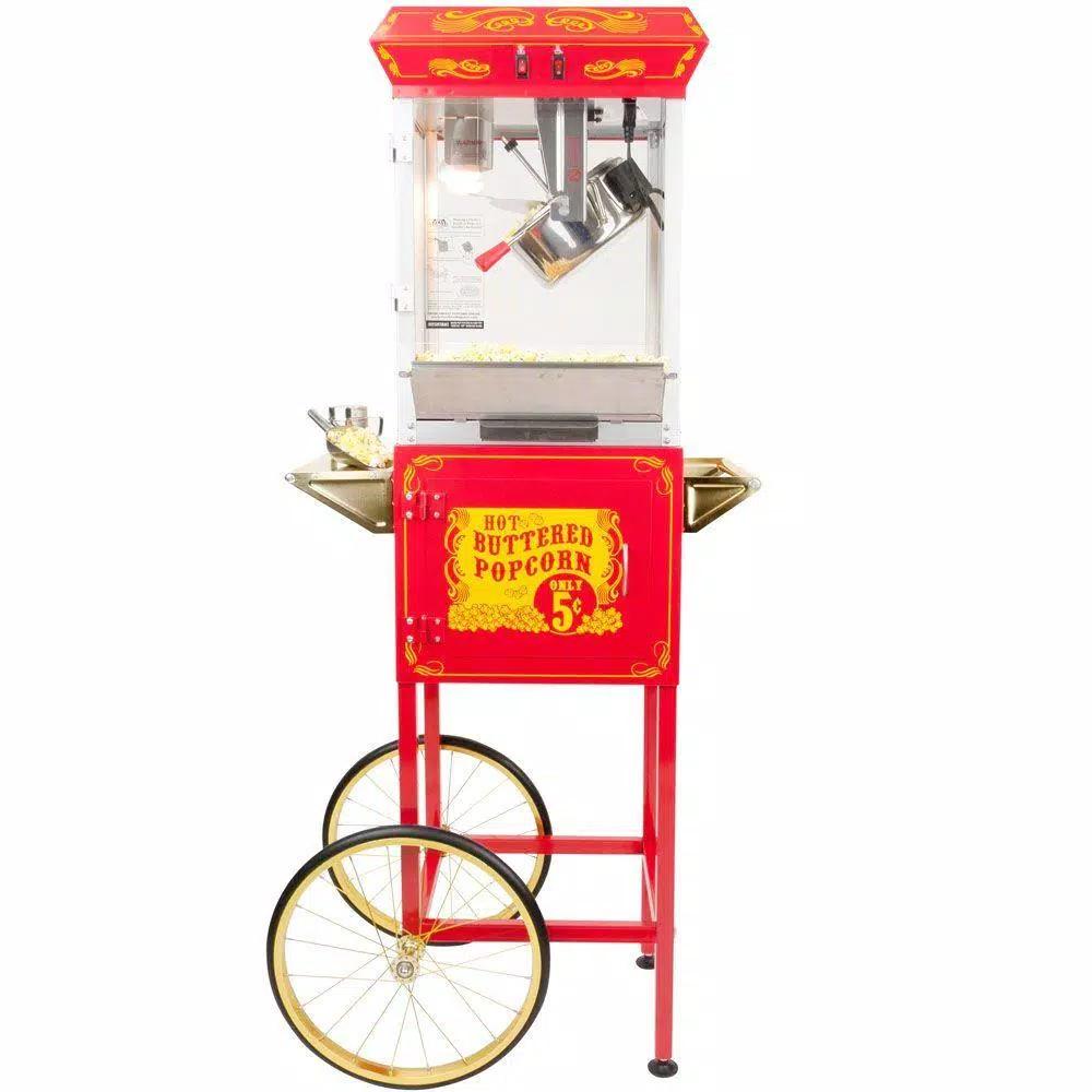 Funtime Sideshow Popper 8 oz. Popcorn Machine & Cart, Traditional Red/Gold Theater Style