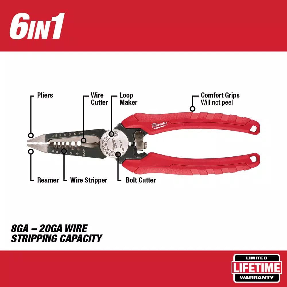 Milwaukee 7.75 in. 6-in-1 Combination Electrician's Wire Stripper Pliers