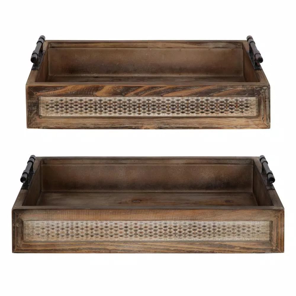 Kate and Laurel Bayport Brown Decorative Nested Wooden Tray Set of 2 - Farmhouse Style
