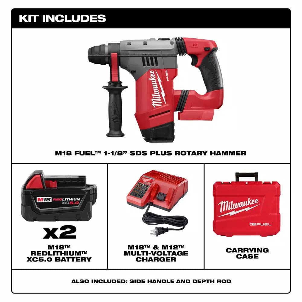 Milwaukee M18 FUEL 1-1/8 in. SDS-Plus Rotary Hammer Kit with (2) 5.0 Ah Batteries and Charger