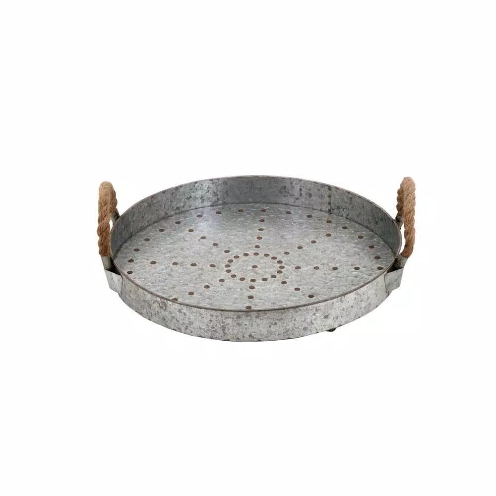 LITTON LANE 16" Farmhouse Rustic Gray Galvanized Iron Serving Tray with Rope Handles