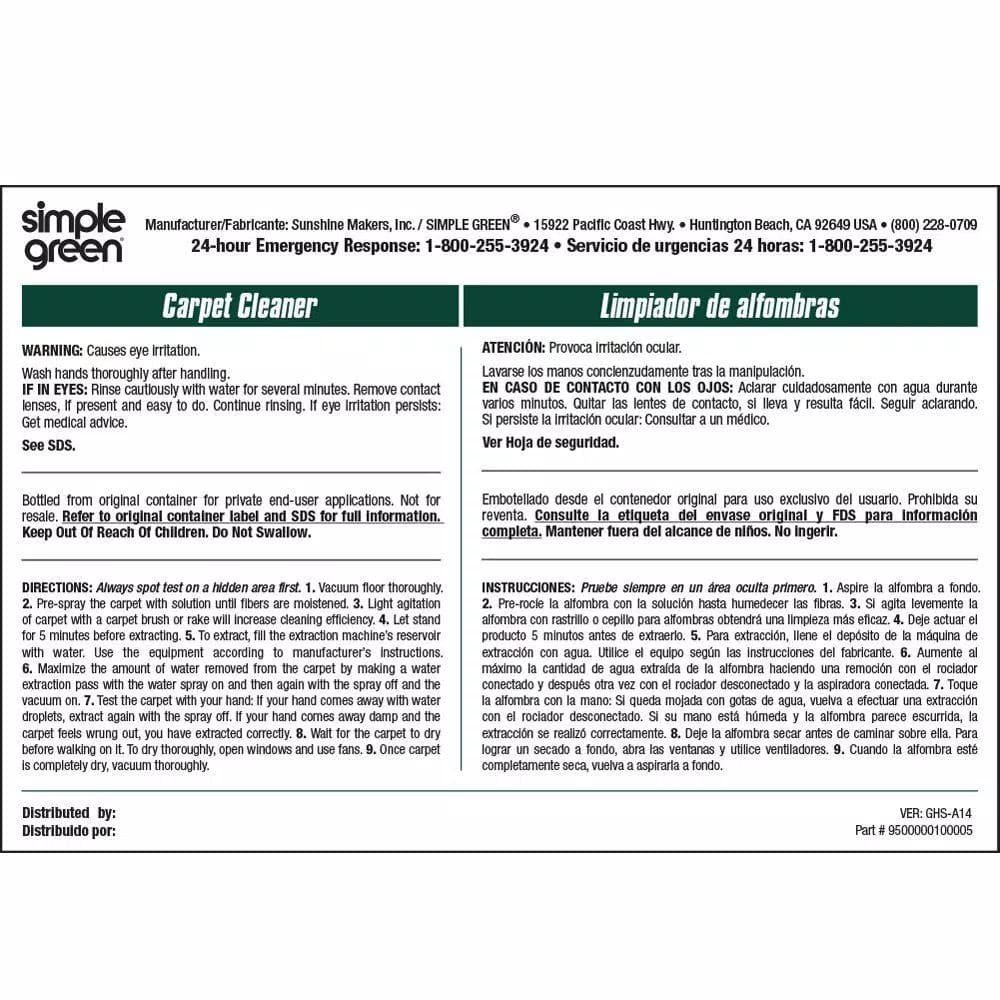 Simple Green Carpet Cleaner Secondary Labels, Bilingual, 10-Pack