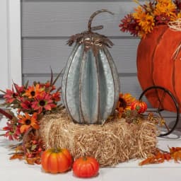 Gerson 16.5 in. Sculpted Rustic Metal Pumpkin with Leaves, Set of 2 thumbnail 2