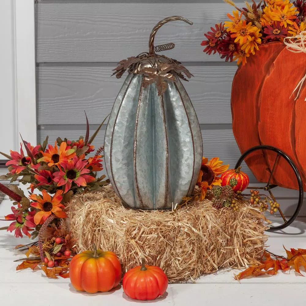Gerson 16.5 in. Sculpted Rustic Metal Pumpkin with Leaves, Set of 2