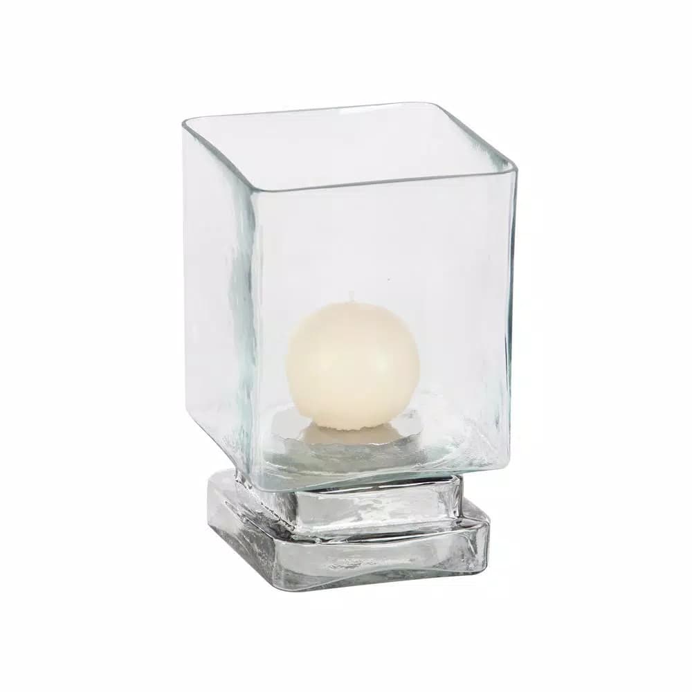 LITTON LANE 6 in. Cube-Shaped Frosted Glass Hurricane Candle Holders, Set of 2