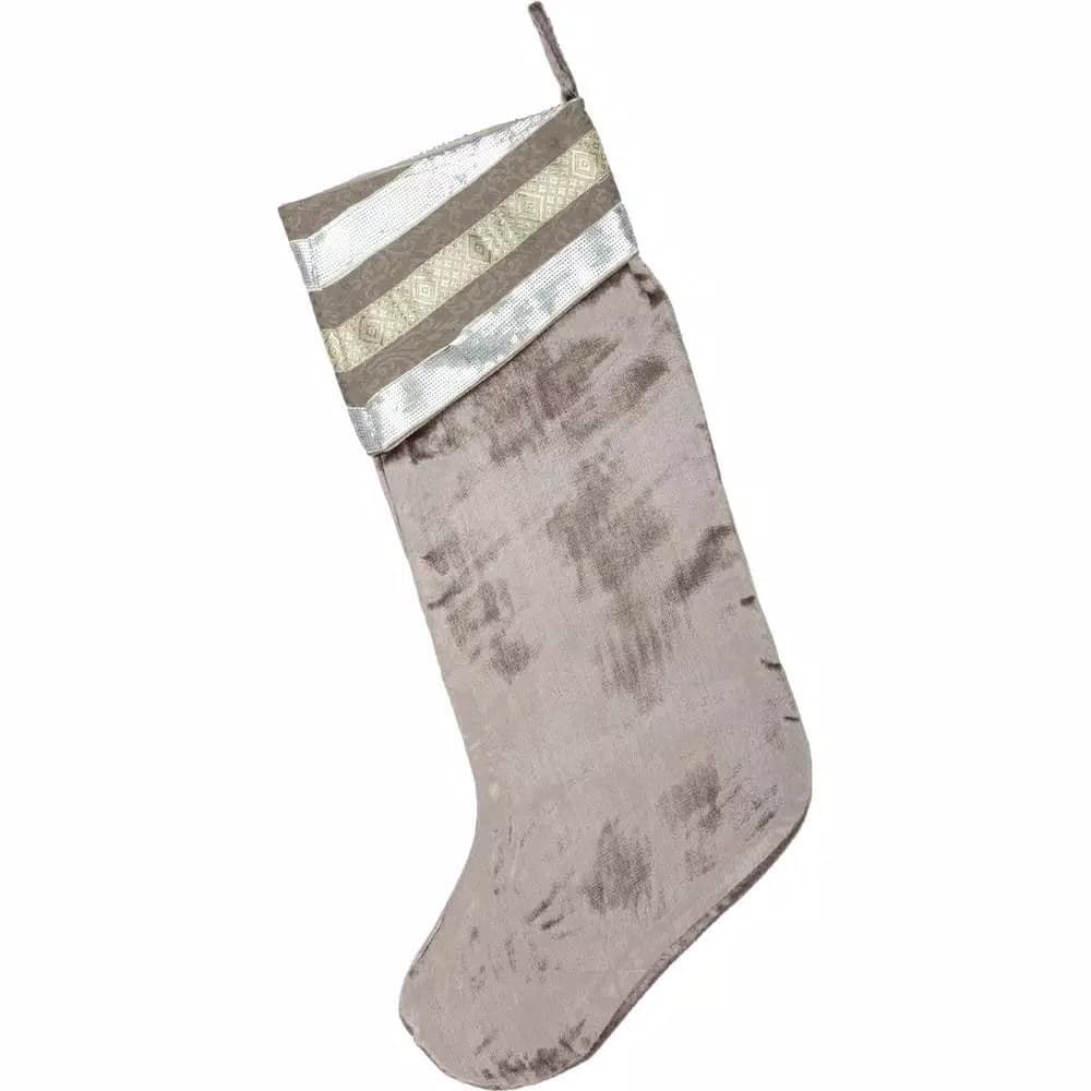 VHC Brands 20 in. Allura Dove Grey Viscose Velvet Christmas Stocking with Taupe and Silver Trim