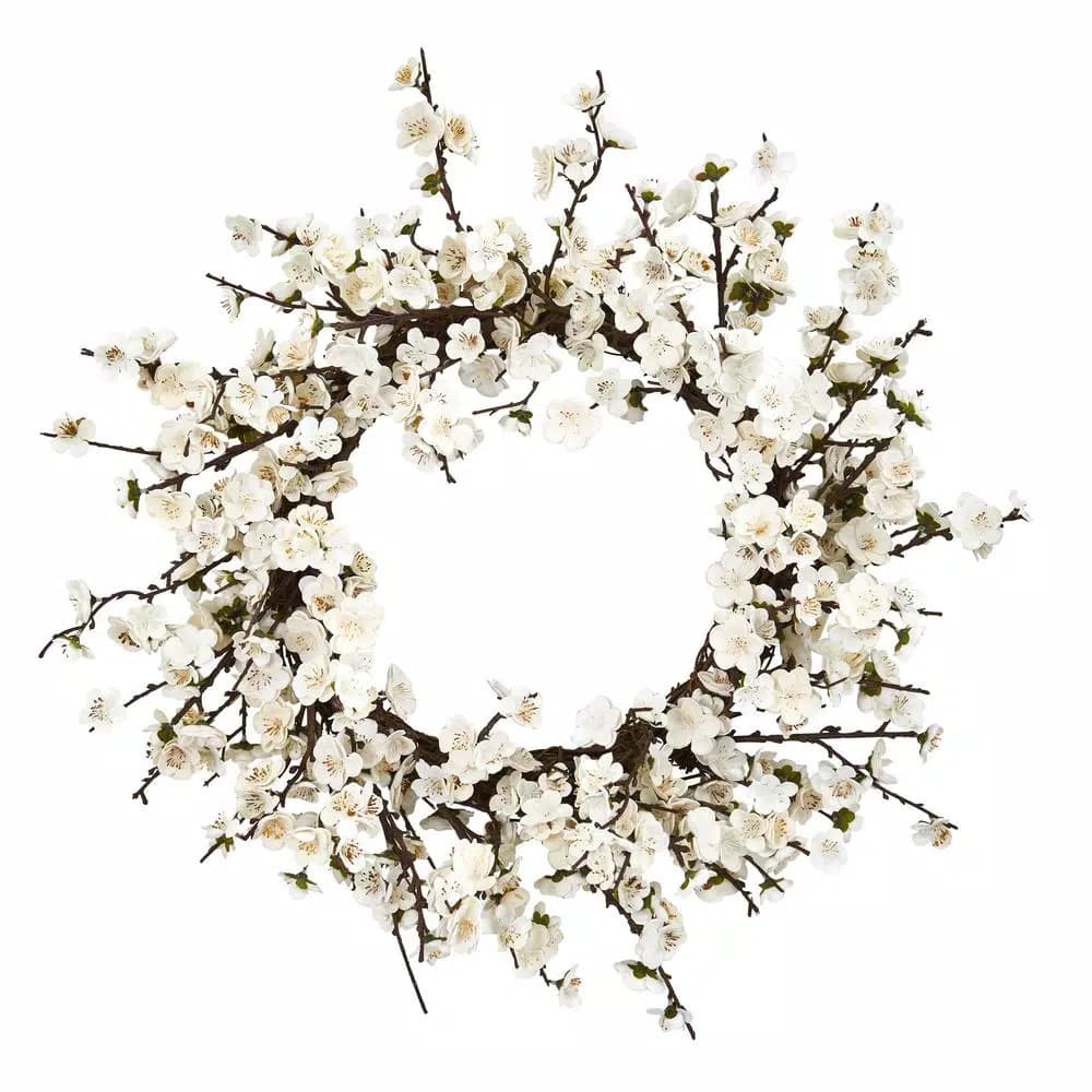 Nearly Natural 24 in. White Plum Blossom Wreath, Artificial Fabric Floral Decor