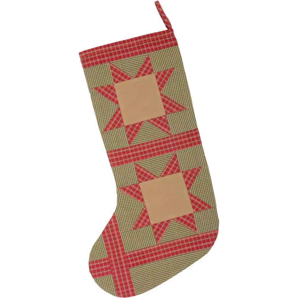 VHC Brands 20 in. Primitive Cotton Patchwork Christmas Stocking - Green Dolly Star Decor