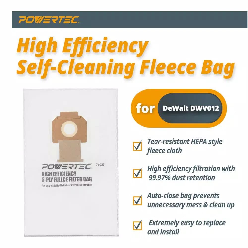 POWERTEC Fleece Filter Bags for DeWalt DWV012 Dust Extractors, HEPA Style, 5-Pack