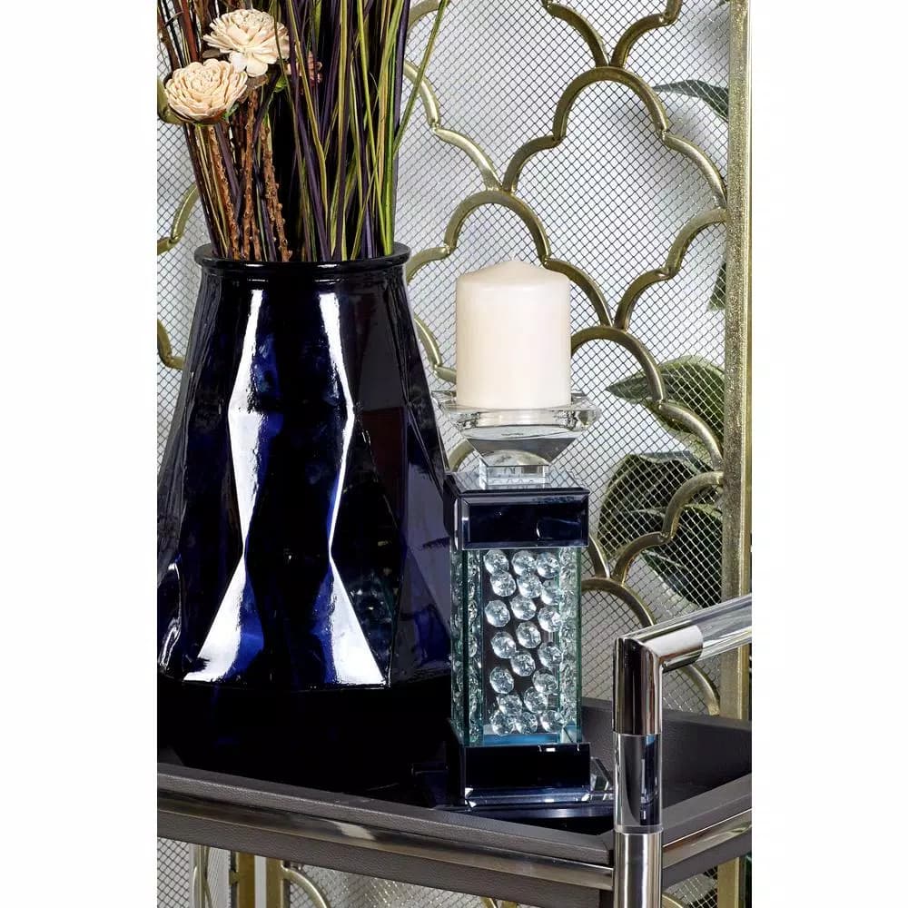 LITTON LANE 11" Contemporary Glass Encased Crystal Bubble Candle Holder with Grey Mirrored Wood Base