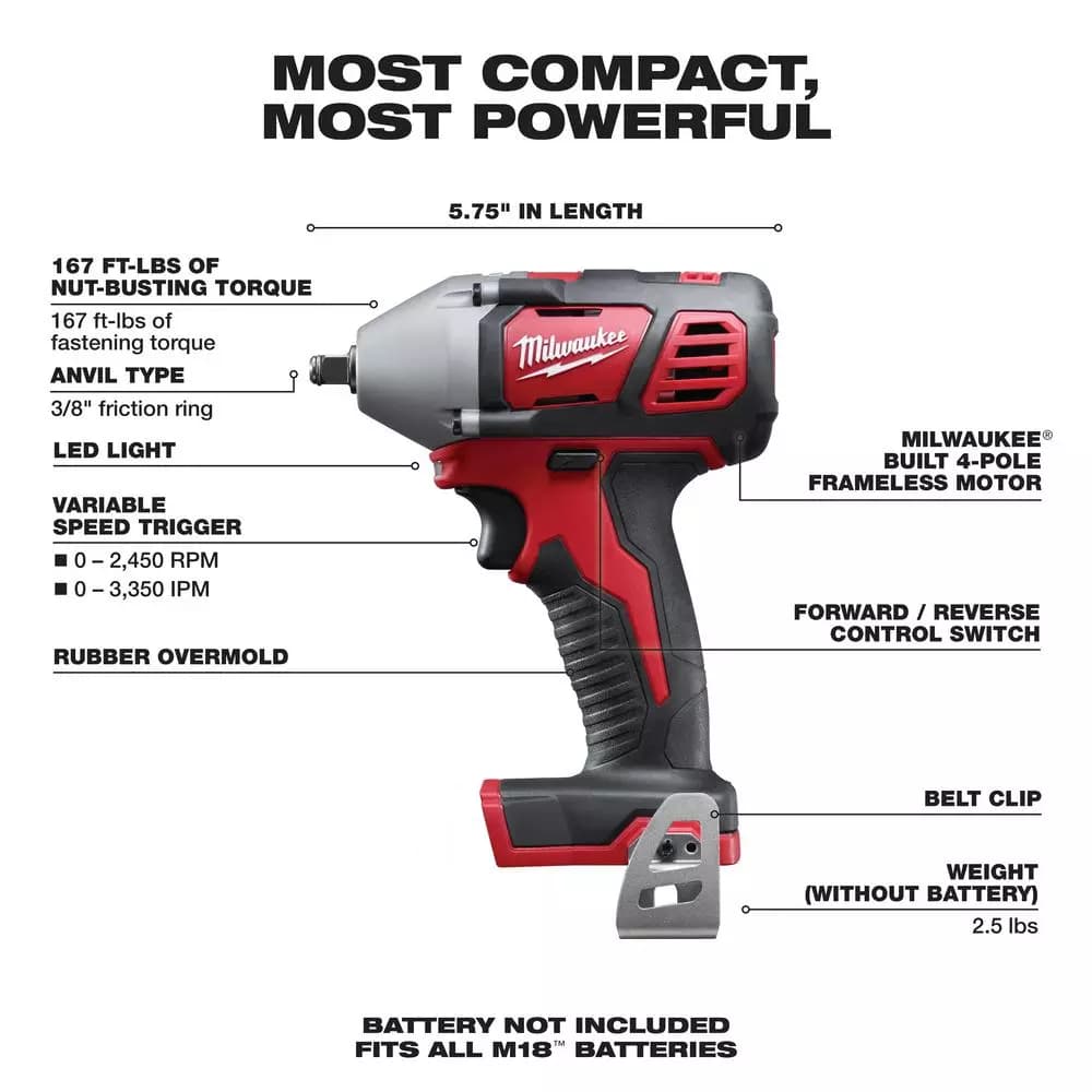 Milwaukee M18 18V Cordless 3/8 in. Compact Impact Wrench with Friction Ring (Tool-Only)