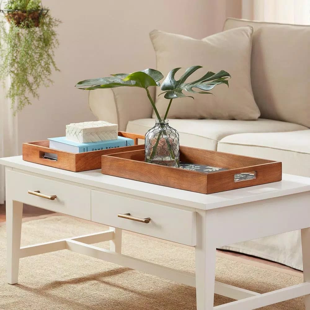 Home Decorators Collection Floral and Wood Decorative Rectangle Tray Set of 2