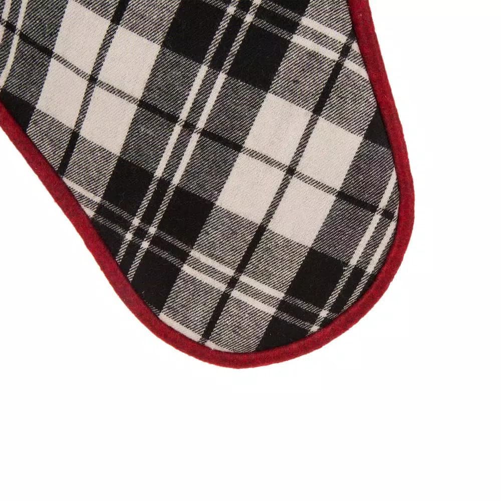 Glitzhome 20 in. Black and White Plaid Fabric Christmas Stocking with Red Rim