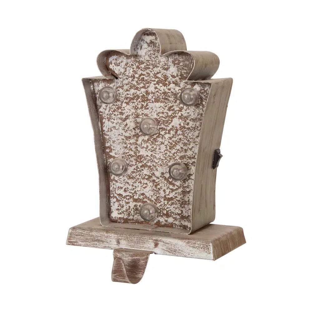 Glitzhome 7.5 in. Marquee LED Giftbox Stocking Holder - Metal and Wood Holiday Decor