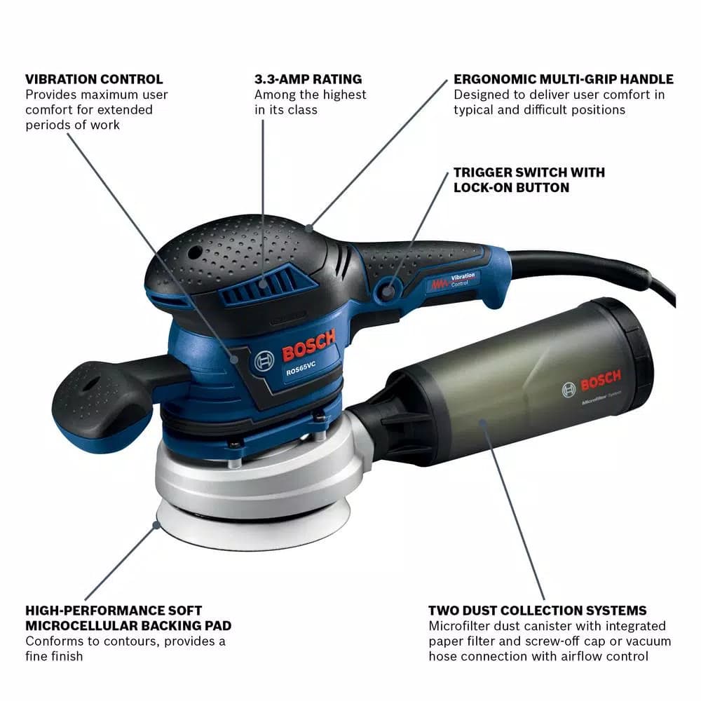 Bosch ROS65VC-5 5 in. Variable Speed Random Orbital Sander/Polisher with Vibration Control