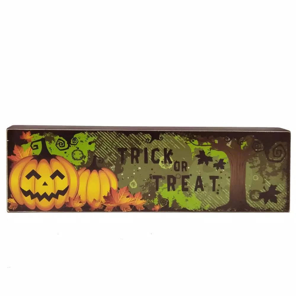 National Tree Company 4.3 in. Halloween Trick or Treat Tabletop Sign, Wood Composite Pumpkin Decor