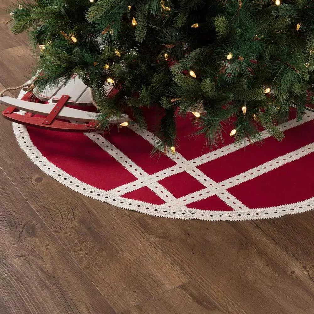 VHC Brands 48 in. Red Margot Farmhouse Christmas Tree Skirt with Diamond Cut Lace