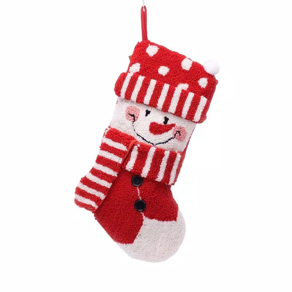 Glitzhome 20 in. Handmade 3D Snowman Christmas Stocking - Red & White Hooked Holiday Decor