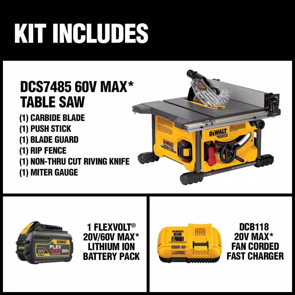 DEWALT FLEXVOLT 60V MAX Cordless Brushless 8-1/4 in. Table Saw Kit with 6.0 Ah Battery