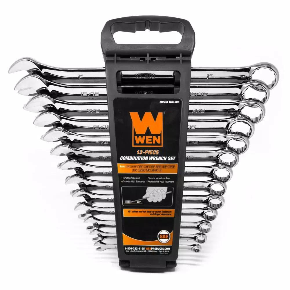 WEN 13-Piece SAE Combination Wrench Set with Storage Rack, Chrome Vanadium Steel