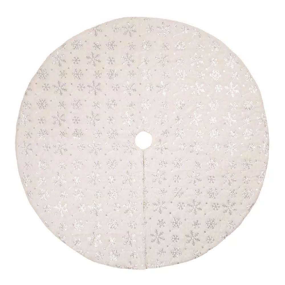 Unbranded 48 in. White Plush Tree Skirt and 2 Stockings Set with Snowflake Embroidery and Beaded Design