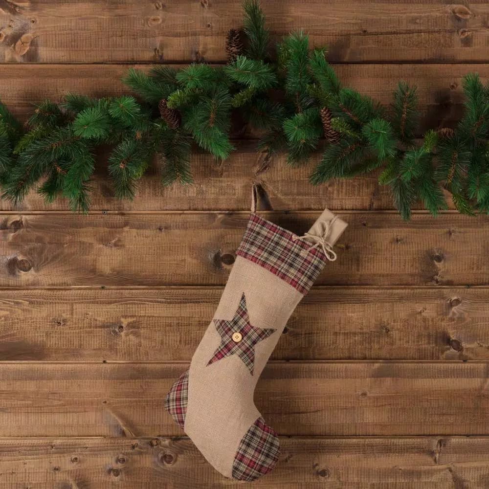 VHC Brands 20 in. Clement Natural Tan Rustic Christmas Star Stocking - Cotton and Jute Plaid Decor