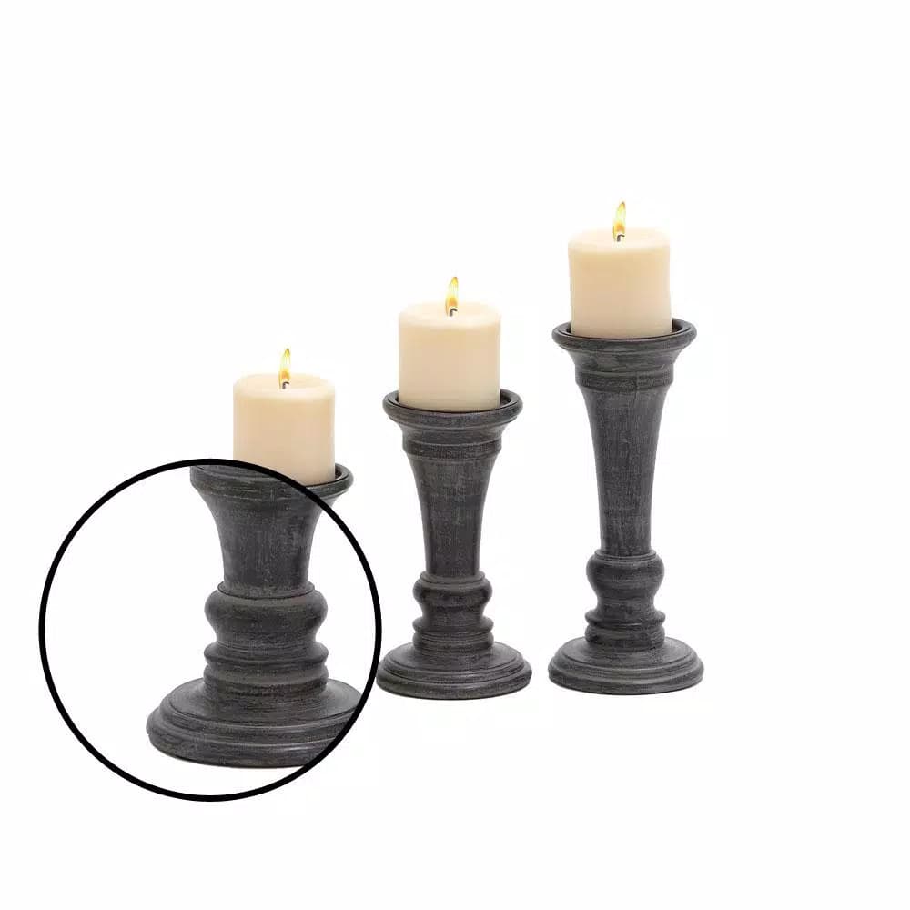LITTON LANE Distressed Black Mango Wood Candle Holder Set of 3 - Rustic Tapered Design