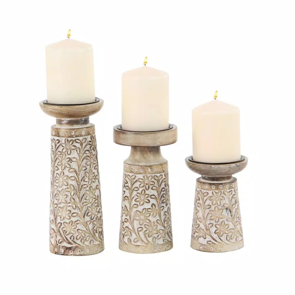 LITTON LANE Rustic Mango Wood and Iron Candle Holder Set of 3 with Floral Carvings