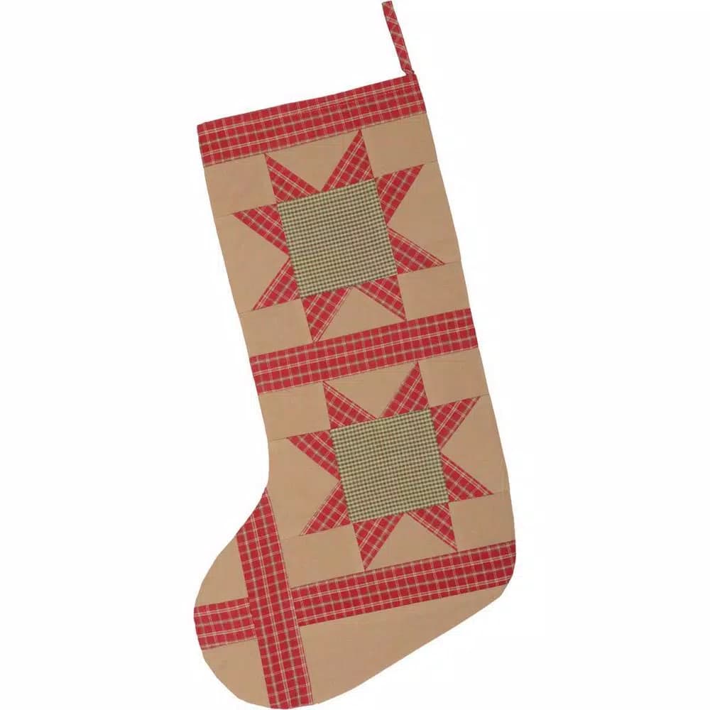 VHC Brands 20 in. Cotton Tan Dolly Star Primitive Christmas Patchwork Stocking