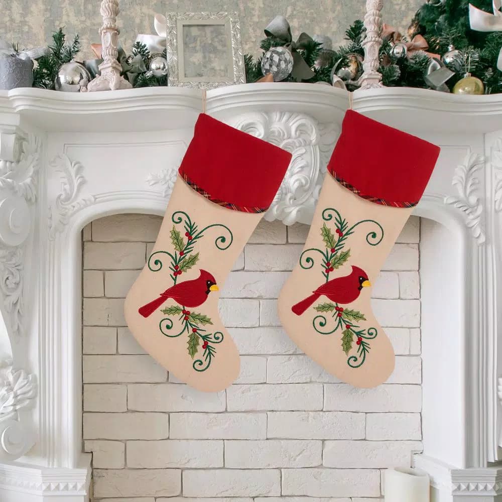 Glitzhome 21 in. Red Cardinal Embroidered Christmas Stockings, Polyester & Linen Blend (2-Pack)