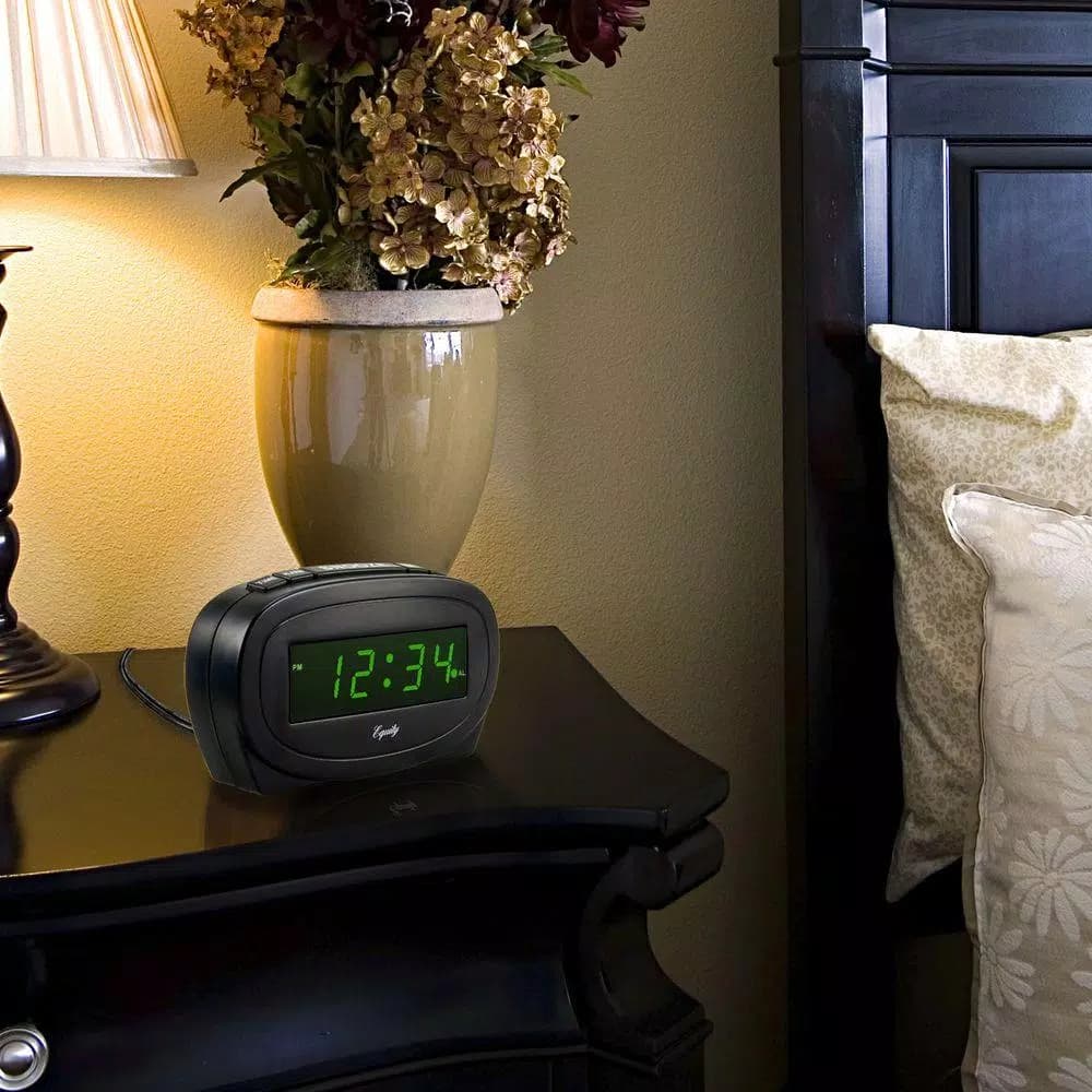 Equity by La Crosse Digital 0.60 in. Green LED Electric Alarm Table Clock with Snooze - Black
