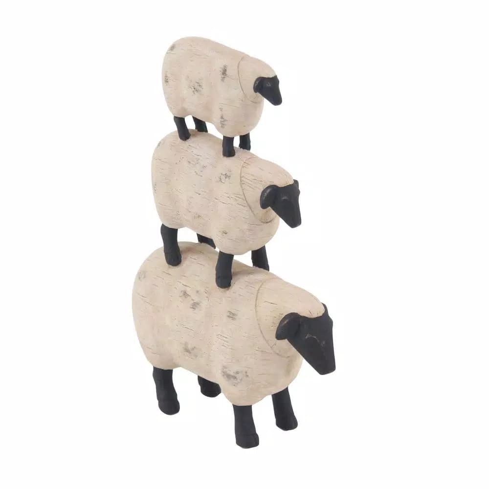 LITTON LANE 3-Stacked Sheep Polystone Sculpture - Off White Farmhouse Decor