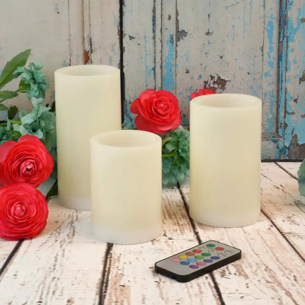 LUMABASE 3-Piece Round Flameless LED Wax Candle Set with Remote Control, Color Changing Pillar Candles