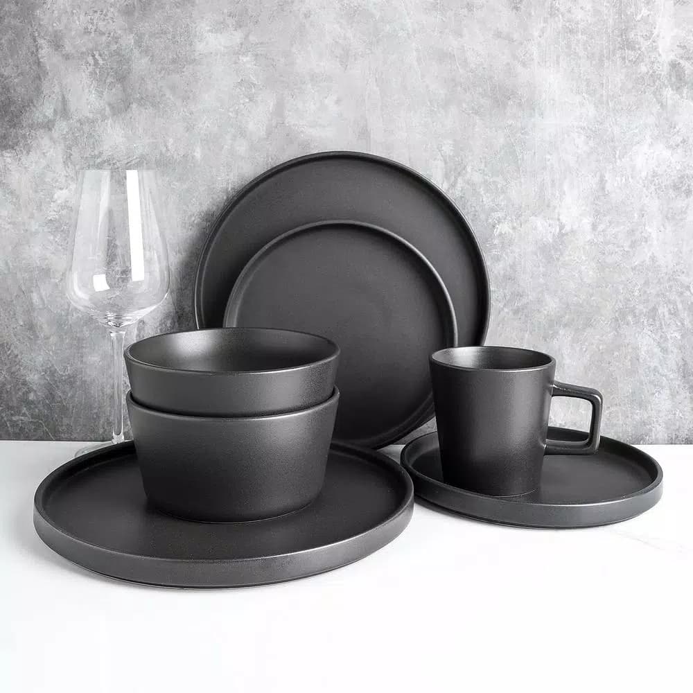 Stone Lain 32-Piece Modern Black Matte Stoneware Dinnerware Set, Service for 8