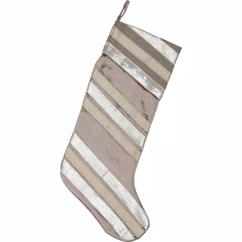 VHC Brands 20 in. Allura Dove Grey Viscose Velvet Christmas Stocking with Taupe and Silver Trim