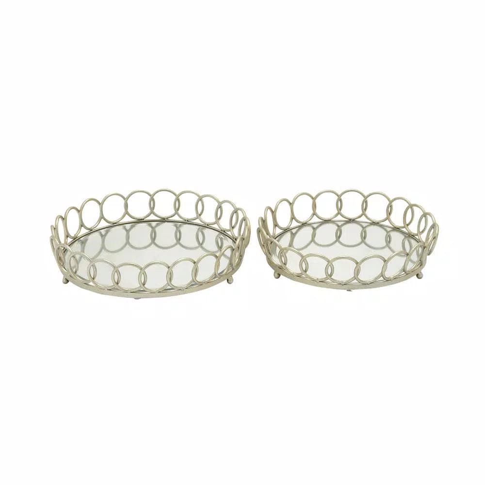 LITTON LANE Modern Reflections Silver Round Mirror Ring Trays, Set of 2