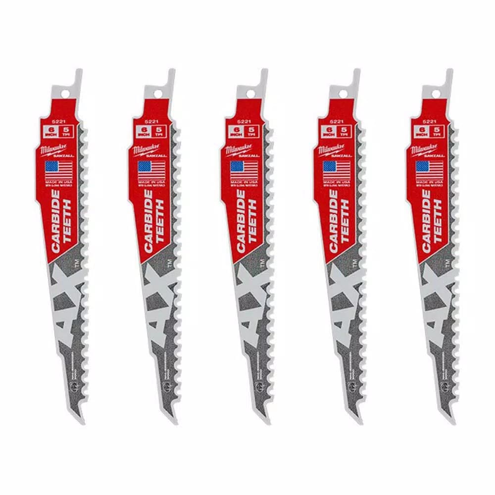 Milwaukee AX 6 in. Carbide Teeth Demolition Reciprocating Saw Blades, 5 TPI, 5-Pack