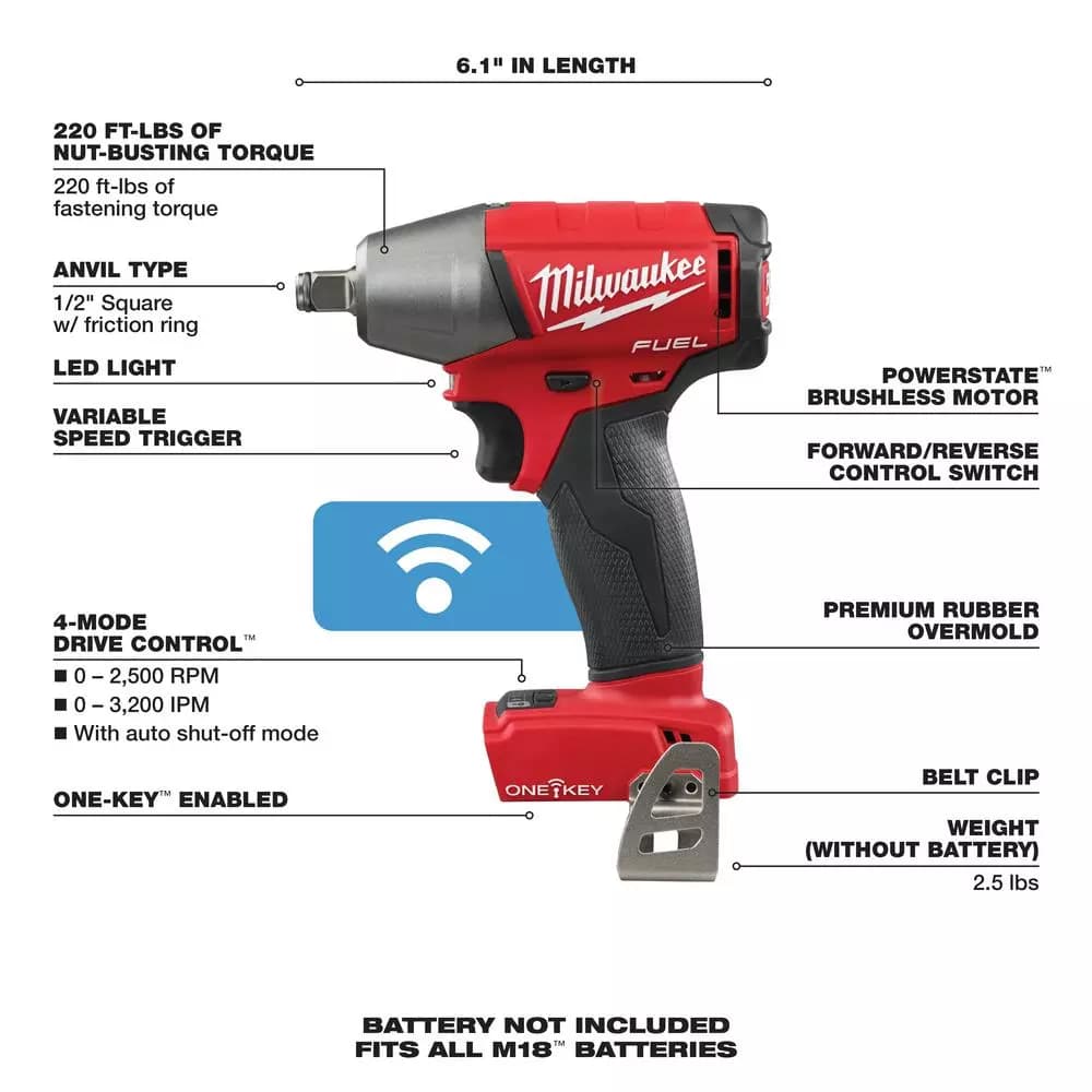 Milwaukee M18 FUEL 1/2 in. Compact Impact Wrench with Friction Ring, ONE-KEY, Brushless Cordless (Tool-Only)
