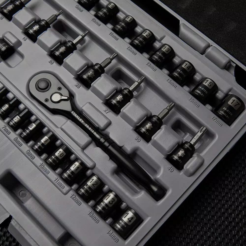 Stanley 50-Piece 3/8 in. Drive SAE and Metric Ratchet and Socket Set with Black Chrome Finish