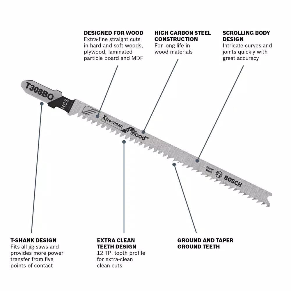 Bosch 4-1/2 in. High Carbon Steel T-Shank Jig Saw Blades for Wood and MDF (5-Pack)
