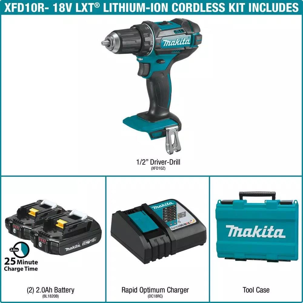 Makita 18V LXT Cordless 1/2 in. XPT Drill/Driver Kit with Two 2.0 Ah Batteries, Charger, and Hard Case