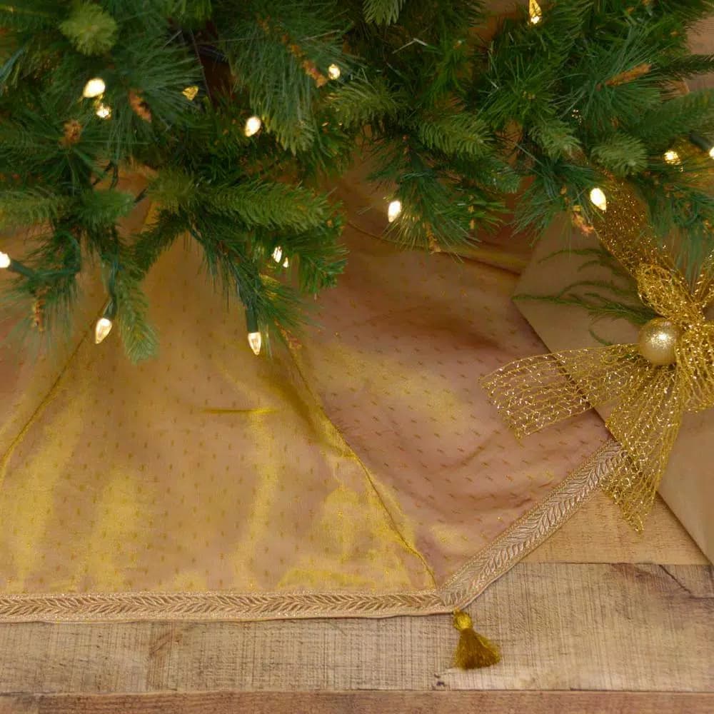 VHC Brands 48 in. Gold Tinsel Christmas Tree Skirt with Antique White Cotton and Flannel Lining