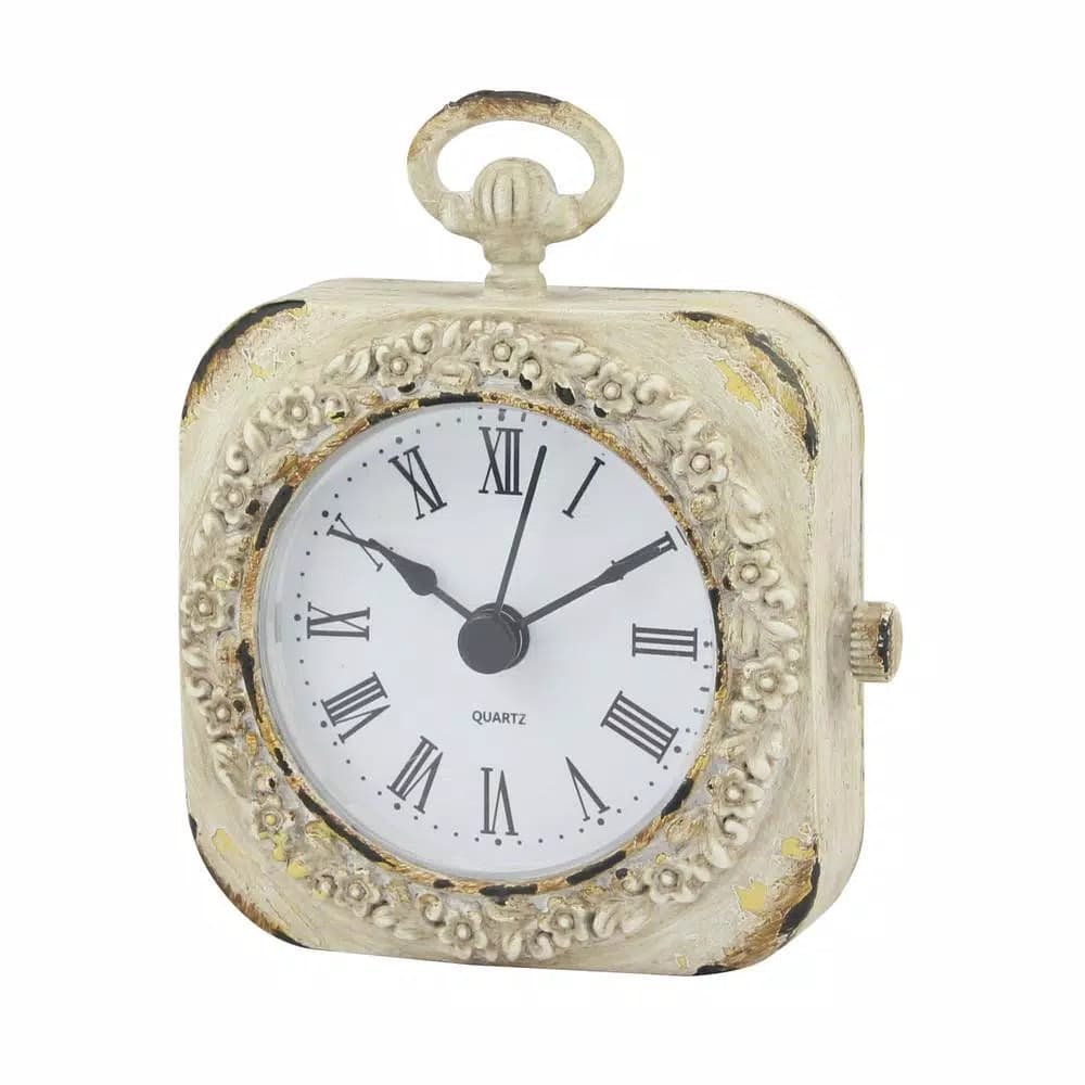 Stonebriar Collection Weathered White Metal Tabletop Analog Clock with Roman Numerals
