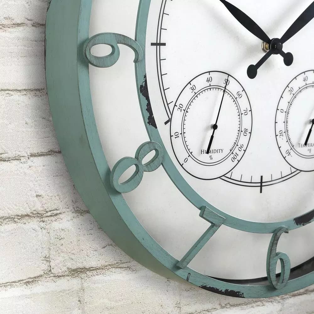FirsTime 18 in. Laguna Round Outdoor Wall Clock with Thermometer and Hygrometer - Aged Teal